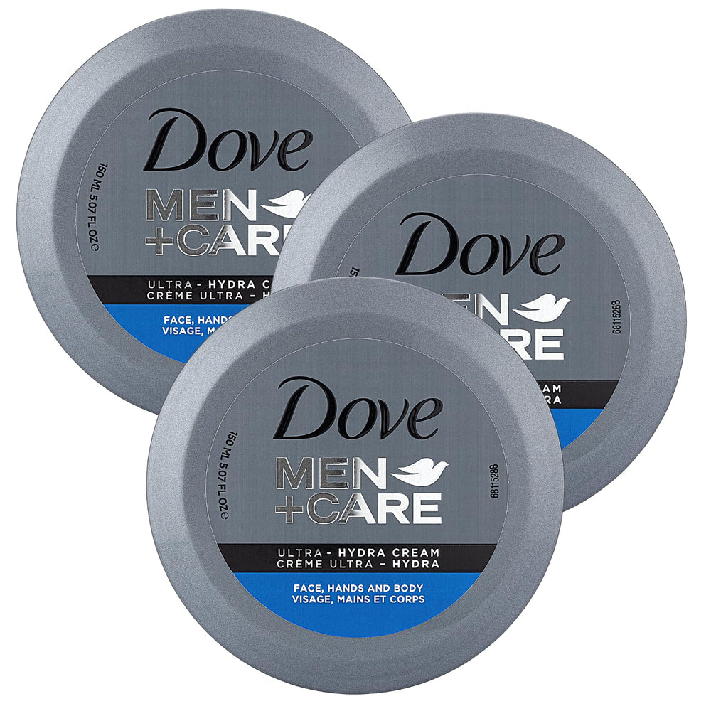 Dove Men+Care Ultra Hydra Cream jar closeup for deep non-greasy hydration.