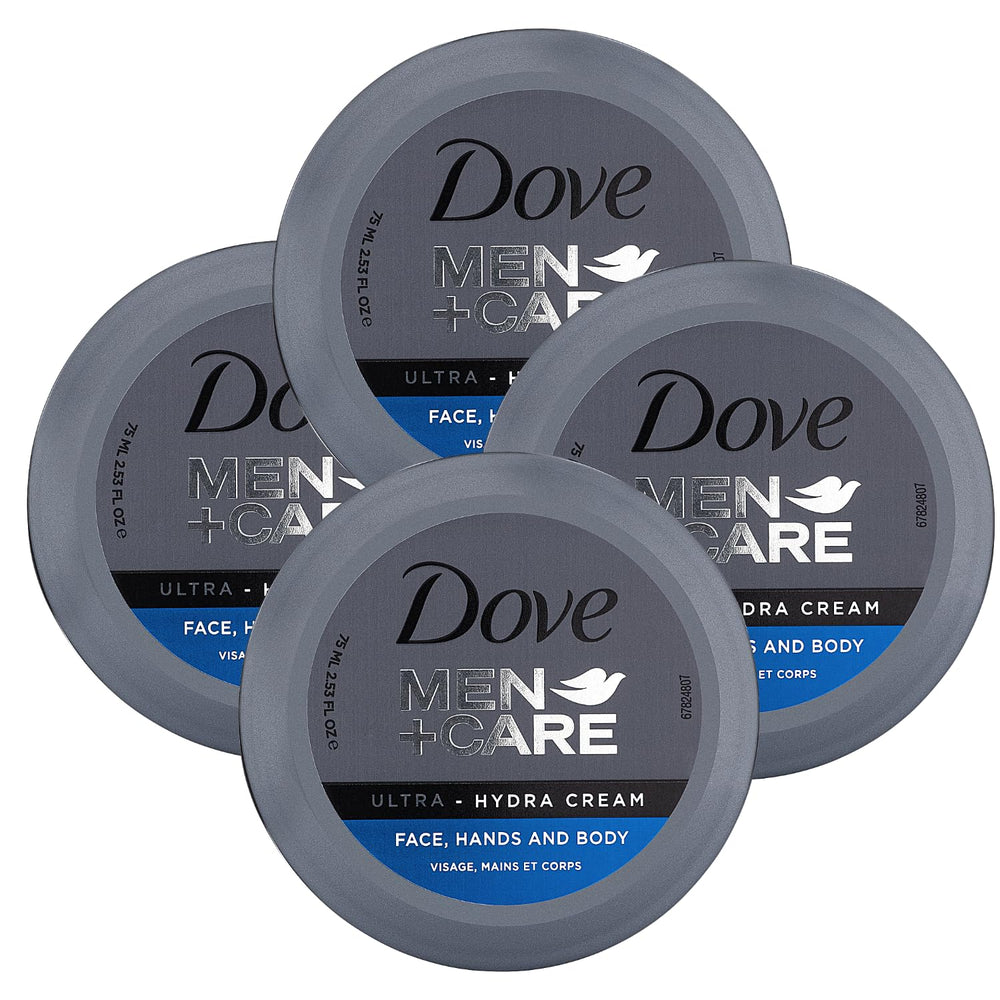 Dove Men+Care Ultra Hydra Cream packaging box showcases four-pack hydration