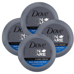 Dove Men+Care Ultra Hydra Cream packaging box showcases four-pack hydration