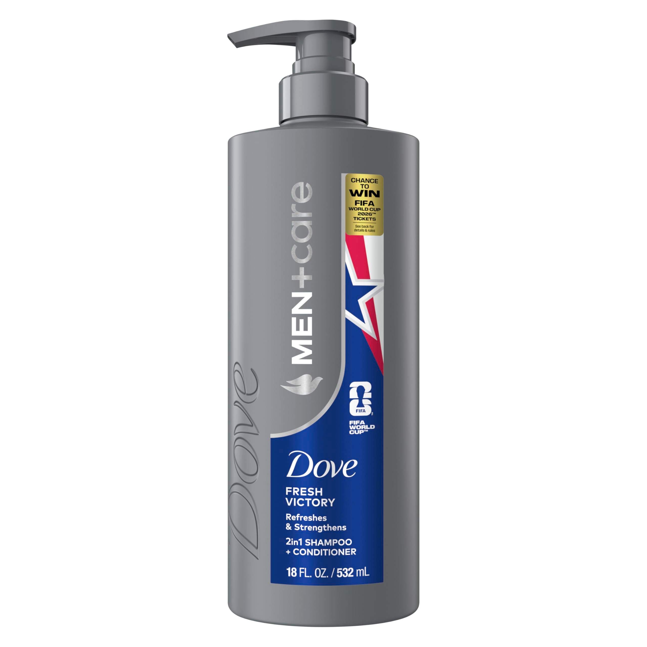 Dove Men+Care Victoria Fresca botella: cabello más fuerte y fácil de peinar.