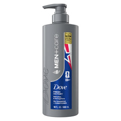Dove Men+Care Victoria Fresca botella: cabello más fuerte y fácil de peinar.