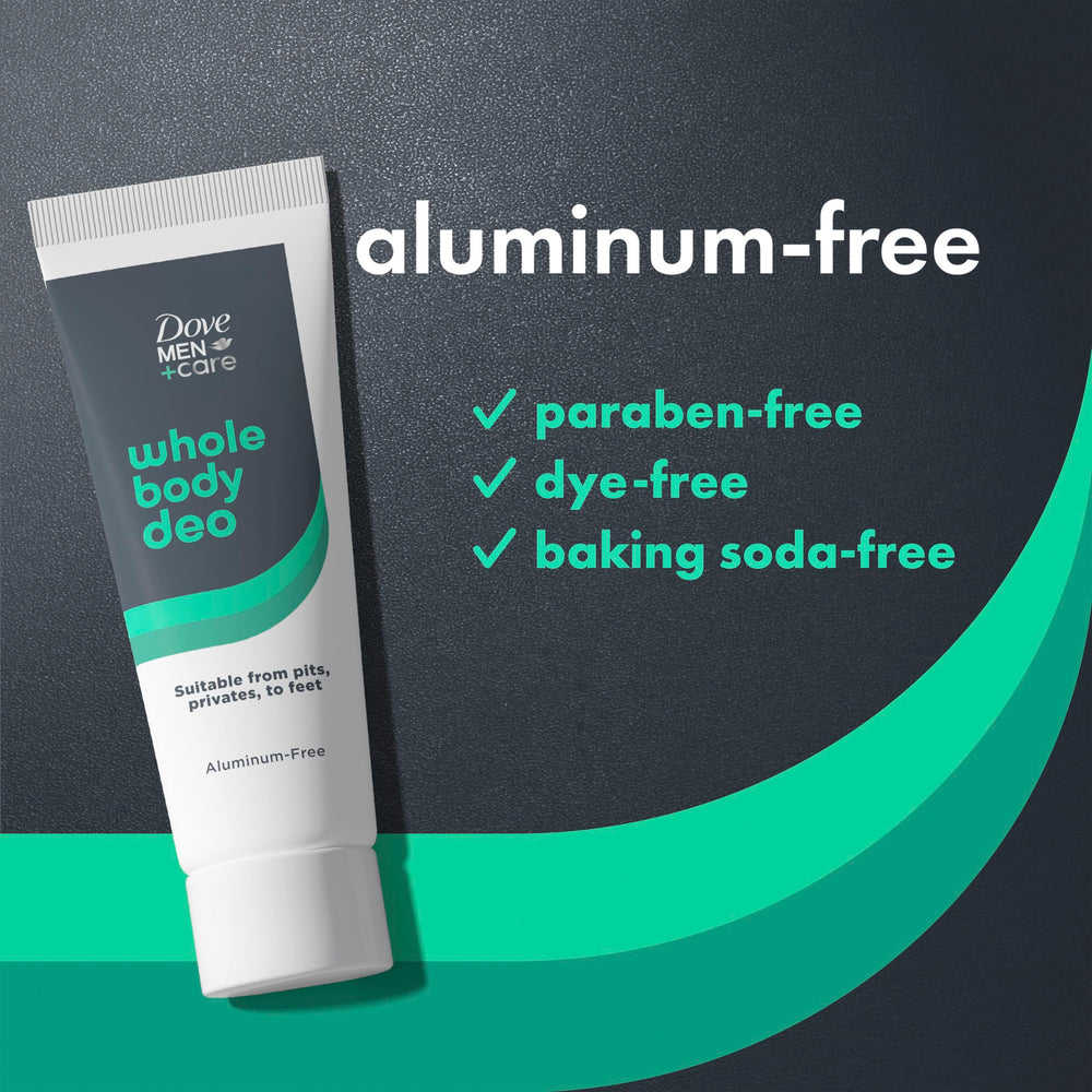 Dove Men+Care Whole Body Deo Cream on feet illustrates all-over coverage and odor control.