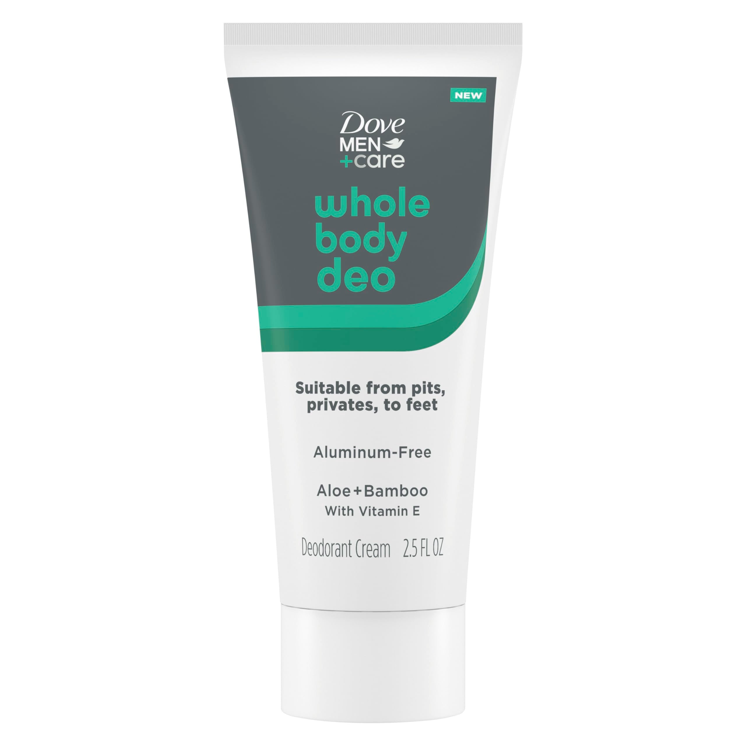 Dove Men+Care Whole Body Deo Cream packaging shows aluminum-free, all-day odor protection.