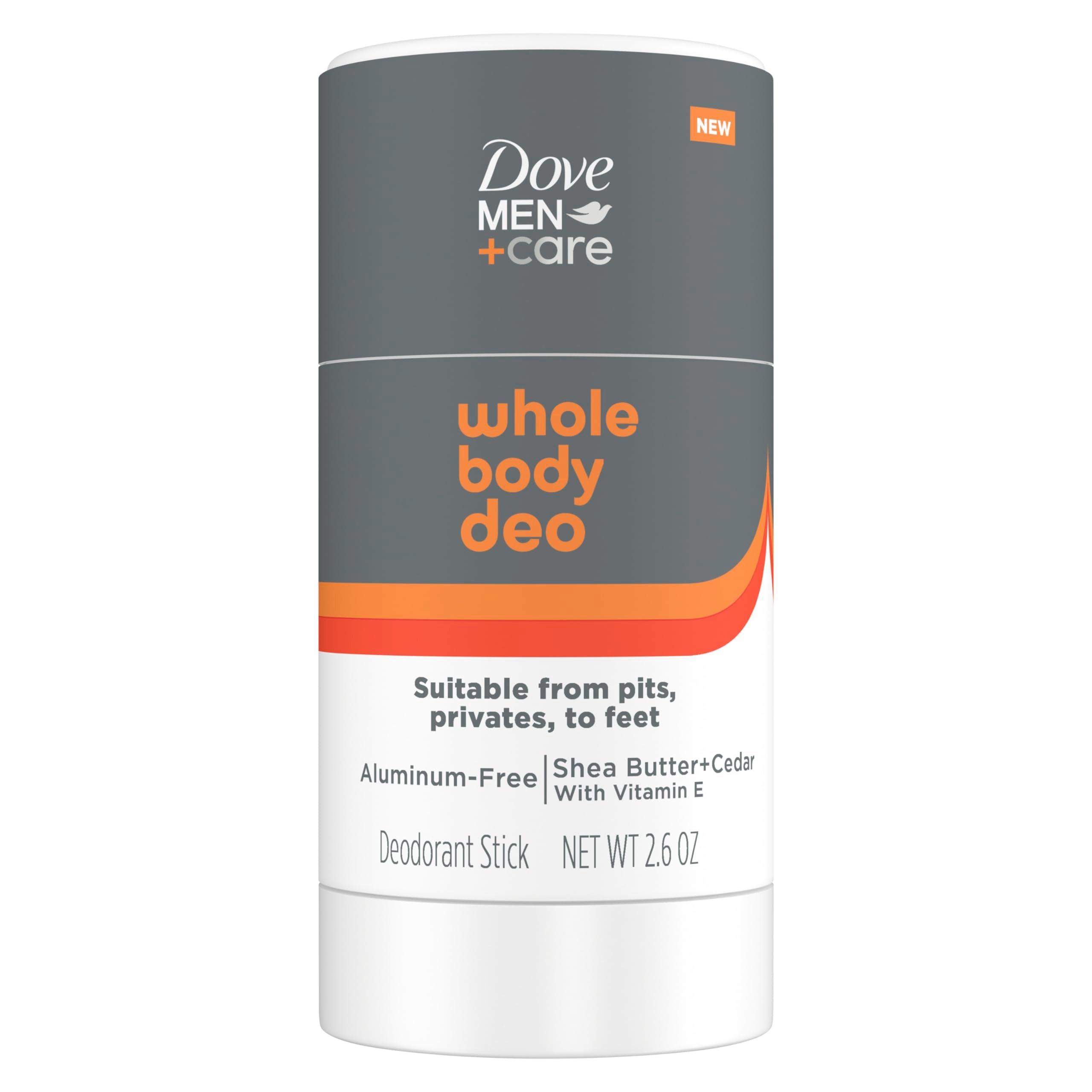 DOVE Men+Care Whole Body Deo packaging shows aluminum-free formula for all-over use.