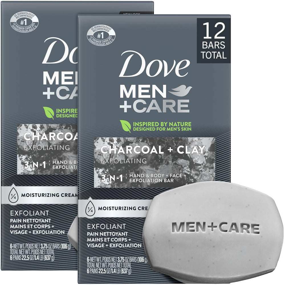 Dove Men+Care charcoal bar close-up for dry skin cleansing.