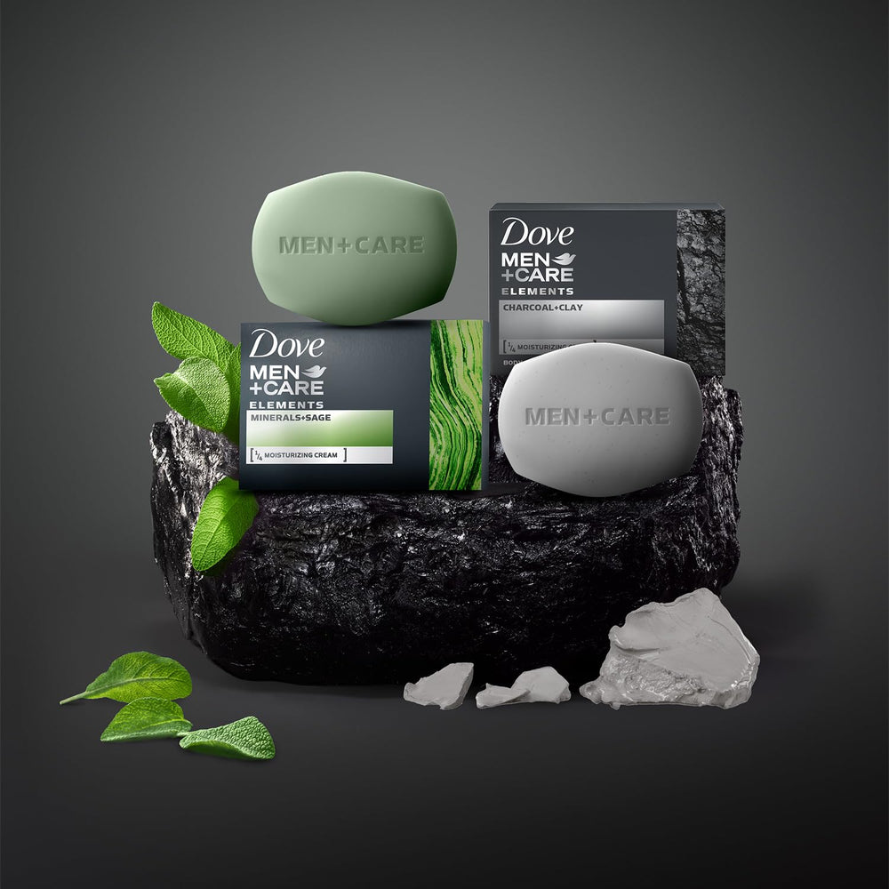 Dove Men+Care charcoal and clay bar with exfoliating texture.