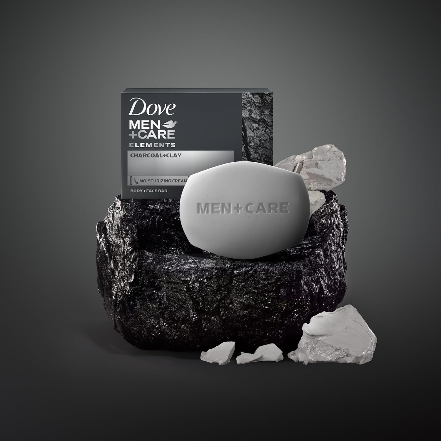 Dove Men+Care exfoliating charcoal bar for daily routine.
