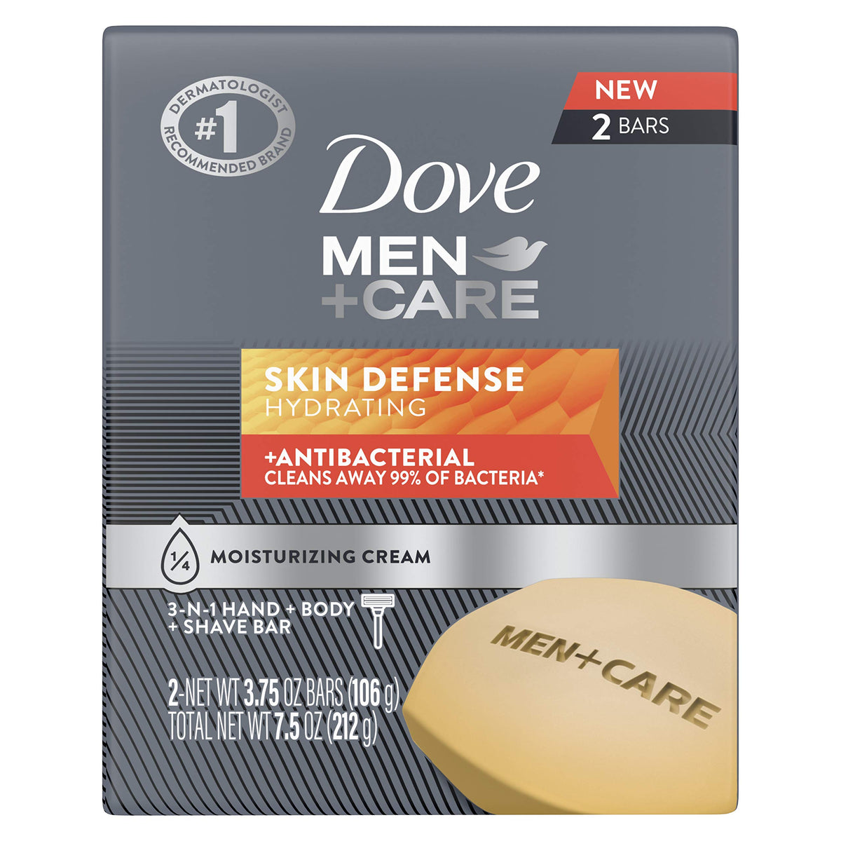 Dove Men+Care Skin Defense soap bar pack front view for everyday skin protection.