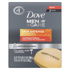 Dove Men+Care Skin Defense soap bar pack front view for everyday skin protection.