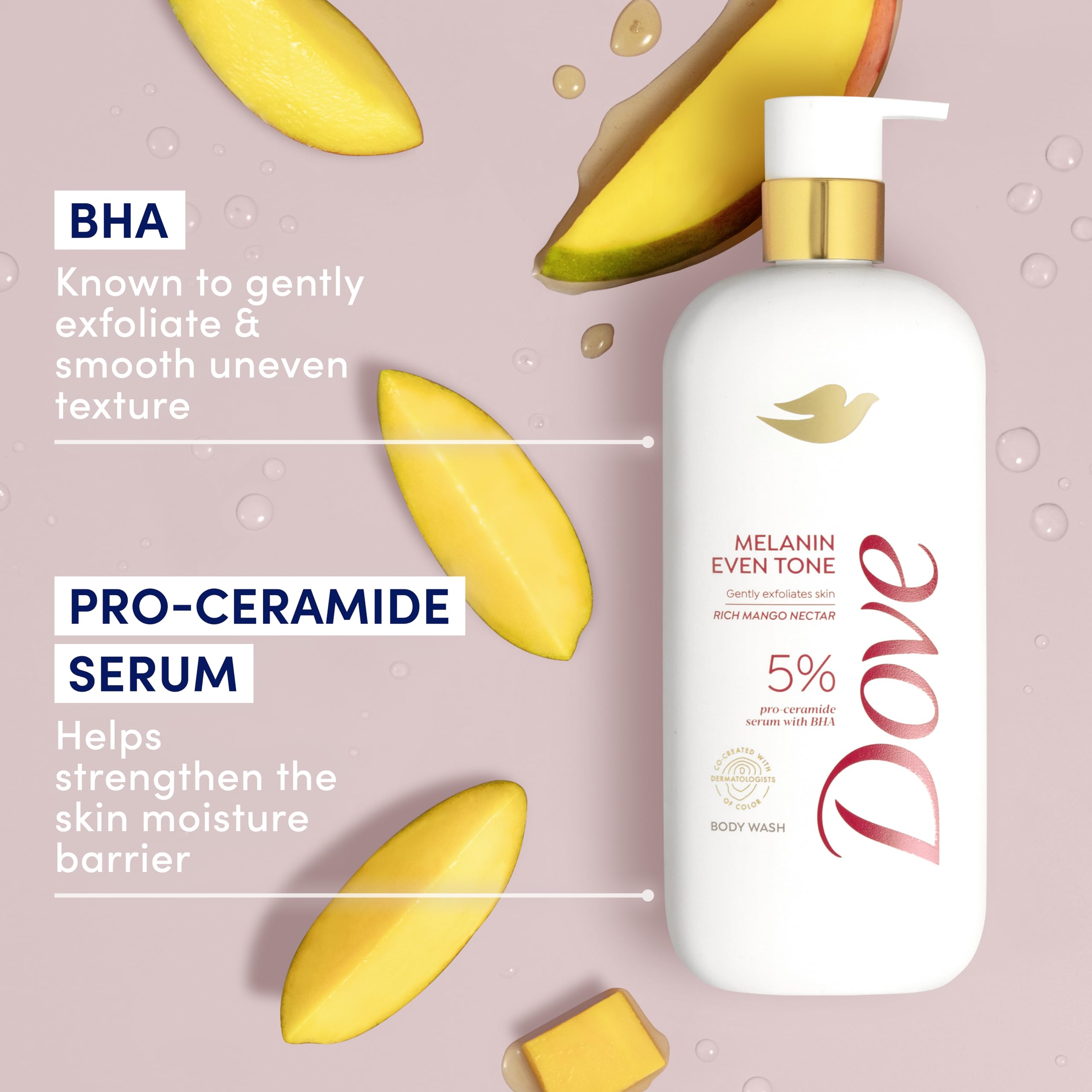 Dove notas de mango y coco, fragancia tropical para la ducha.