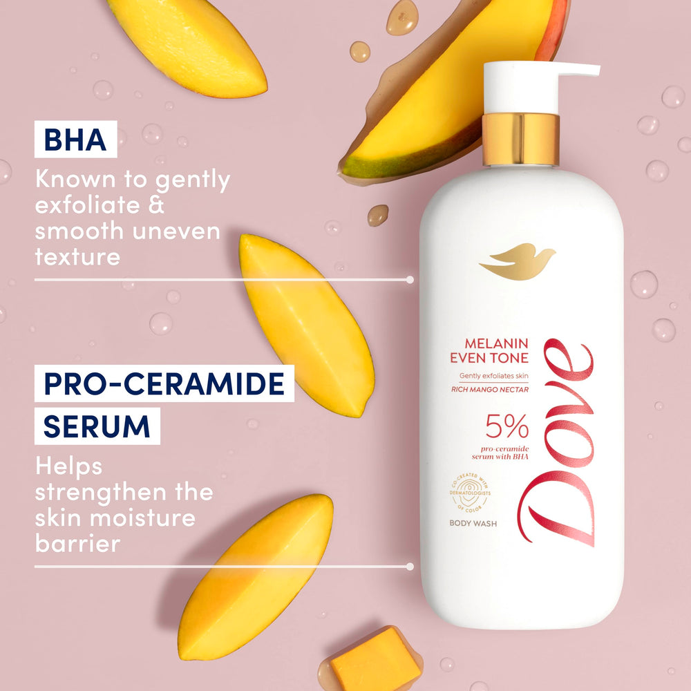 Dove notas de mango y coco, fragancia tropical para la ducha.