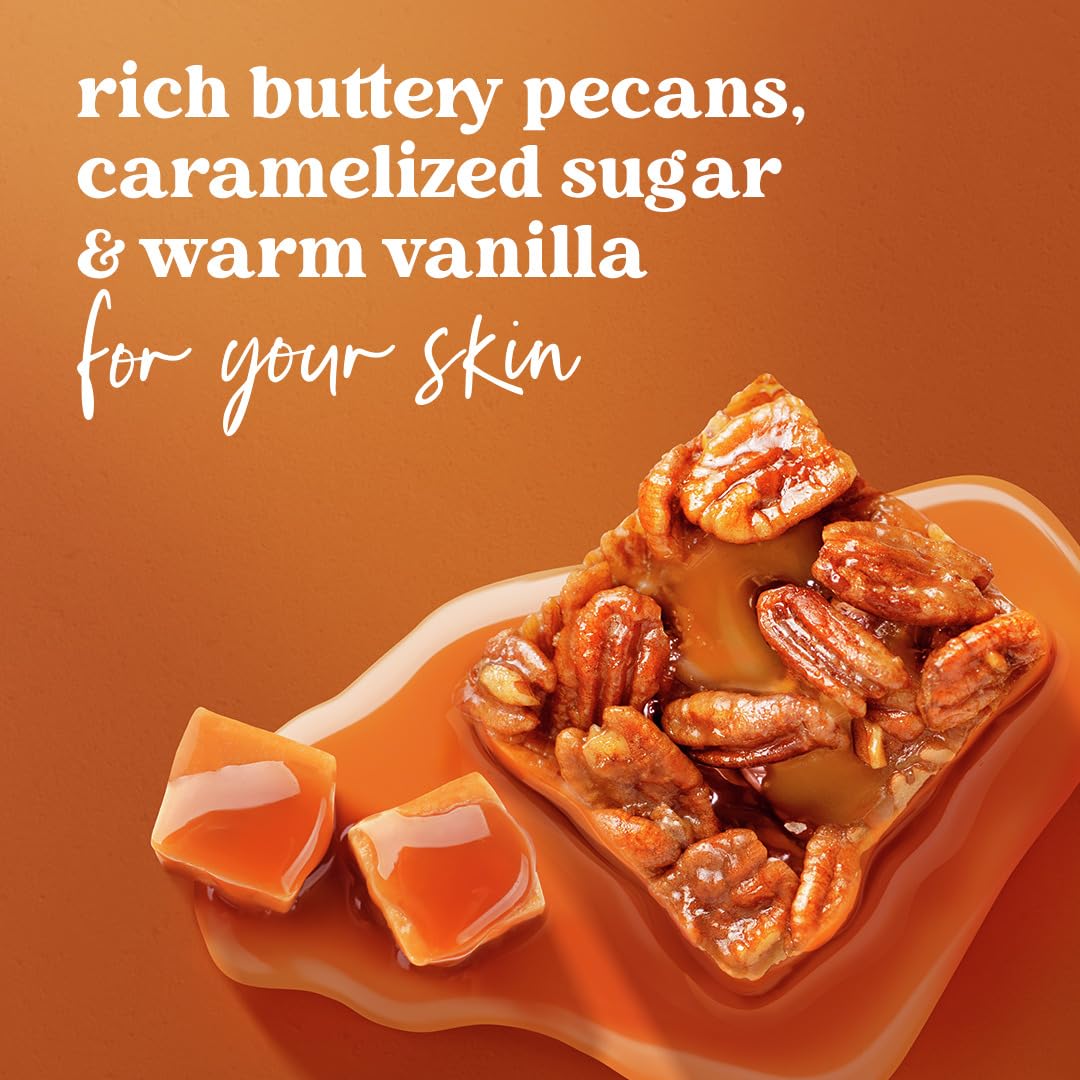 Dove Pecan Buttercrunch Body Wash in a warm bathroom scene.