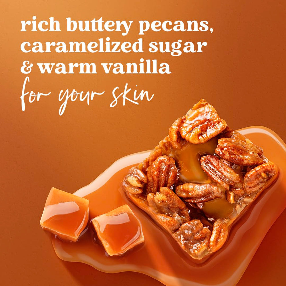 Dove Pecan Buttercrunch Body Wash in a warm bathroom scene.