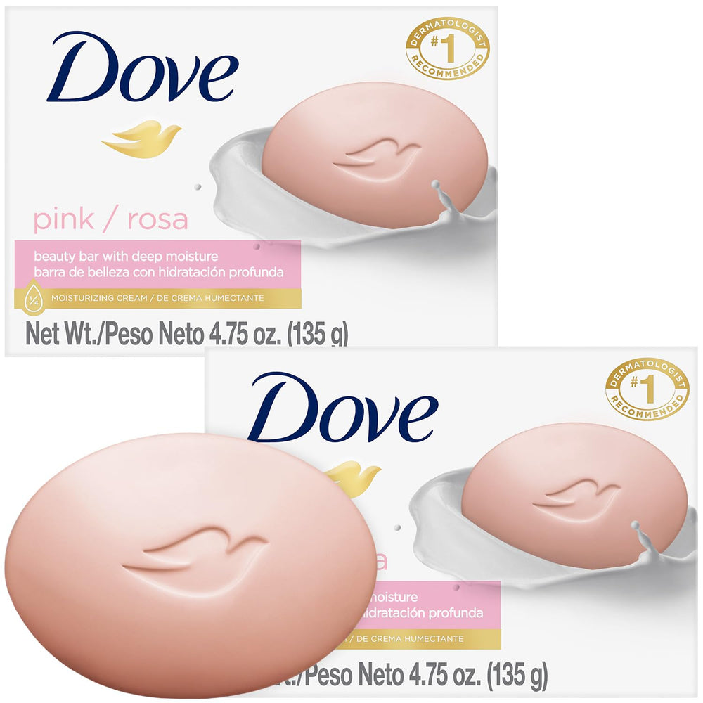 Dove Pink Beauty Bar 2-pack packaging highlights 1/4 moisturizing cream for hydration.