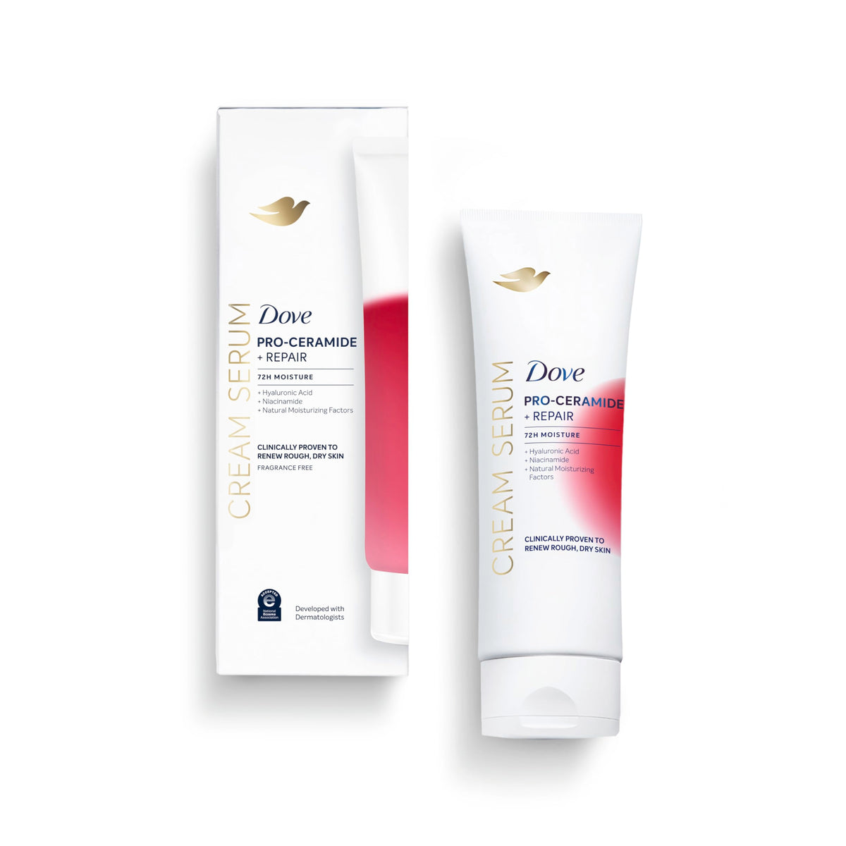 Dove Pro-Ceramide, bote de crema-serum para cuerpo, reparación visible.