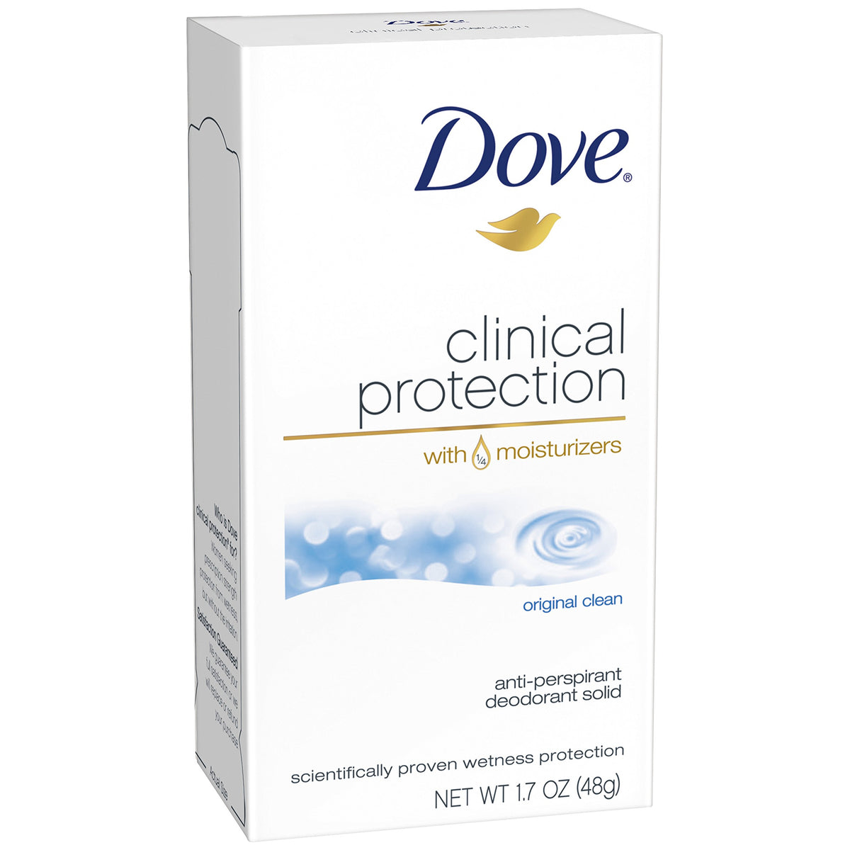 Dove Protección Clínica Original Limpio, barra desodorante en su envase visible, uso diario.