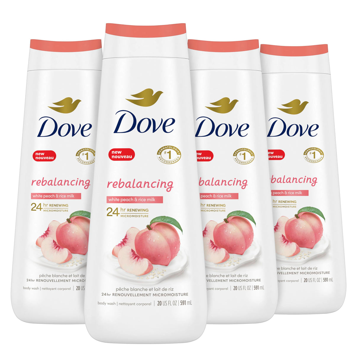 Dove Rebalancing White Peach & Rice Milk bottle for gentle cleansing and lasting softness