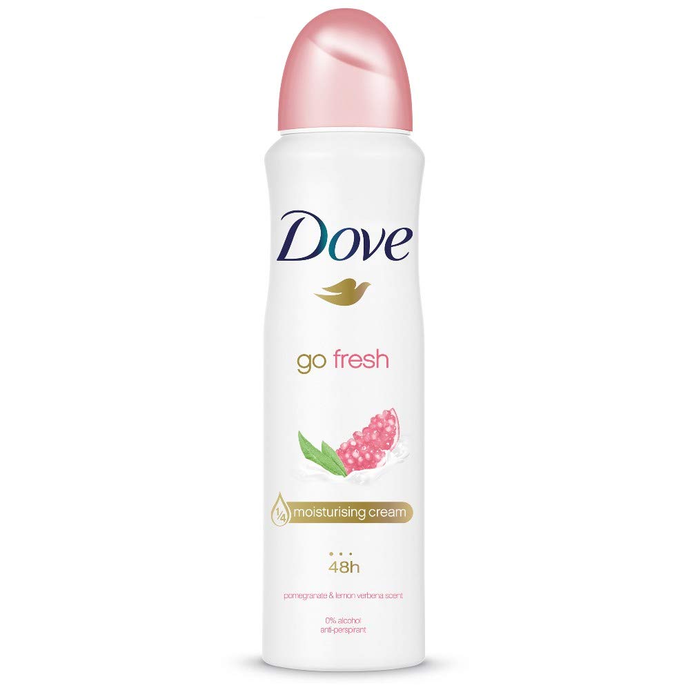 Dove Red Body Spray Pomegranate bottle close-up highlights moisturizing formula for soft skin.