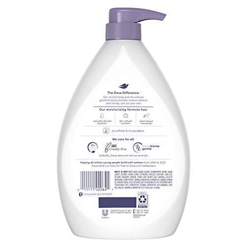 Dove Relaxing Body Wash pump-lavender closeup shows chamomile infusion