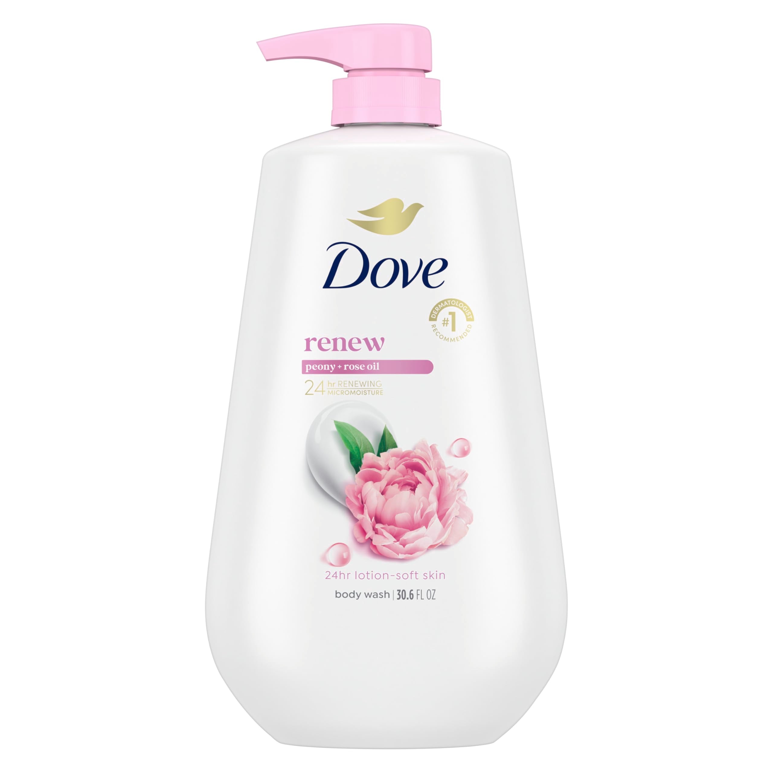 Dove Renew Peony & Rose Oil, botella-vertido para hidratación suave.