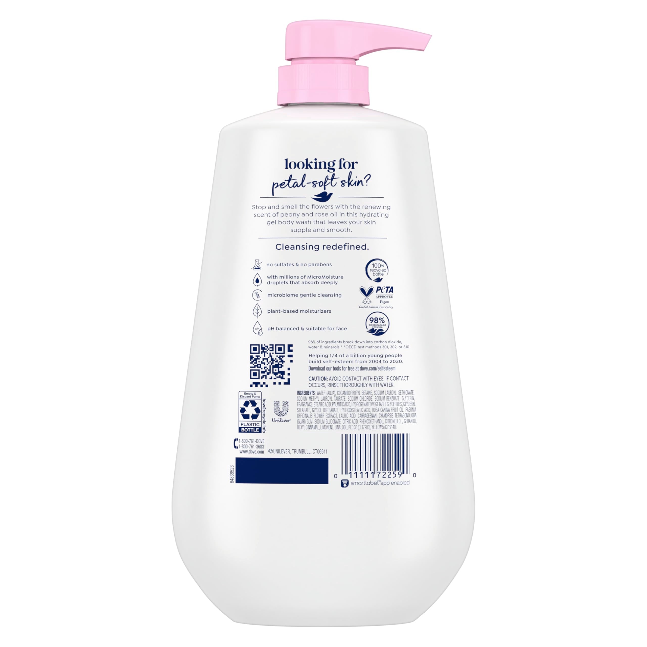 Dove Renew Peony & Rose Oil, espuma rosada para limpieza suave.