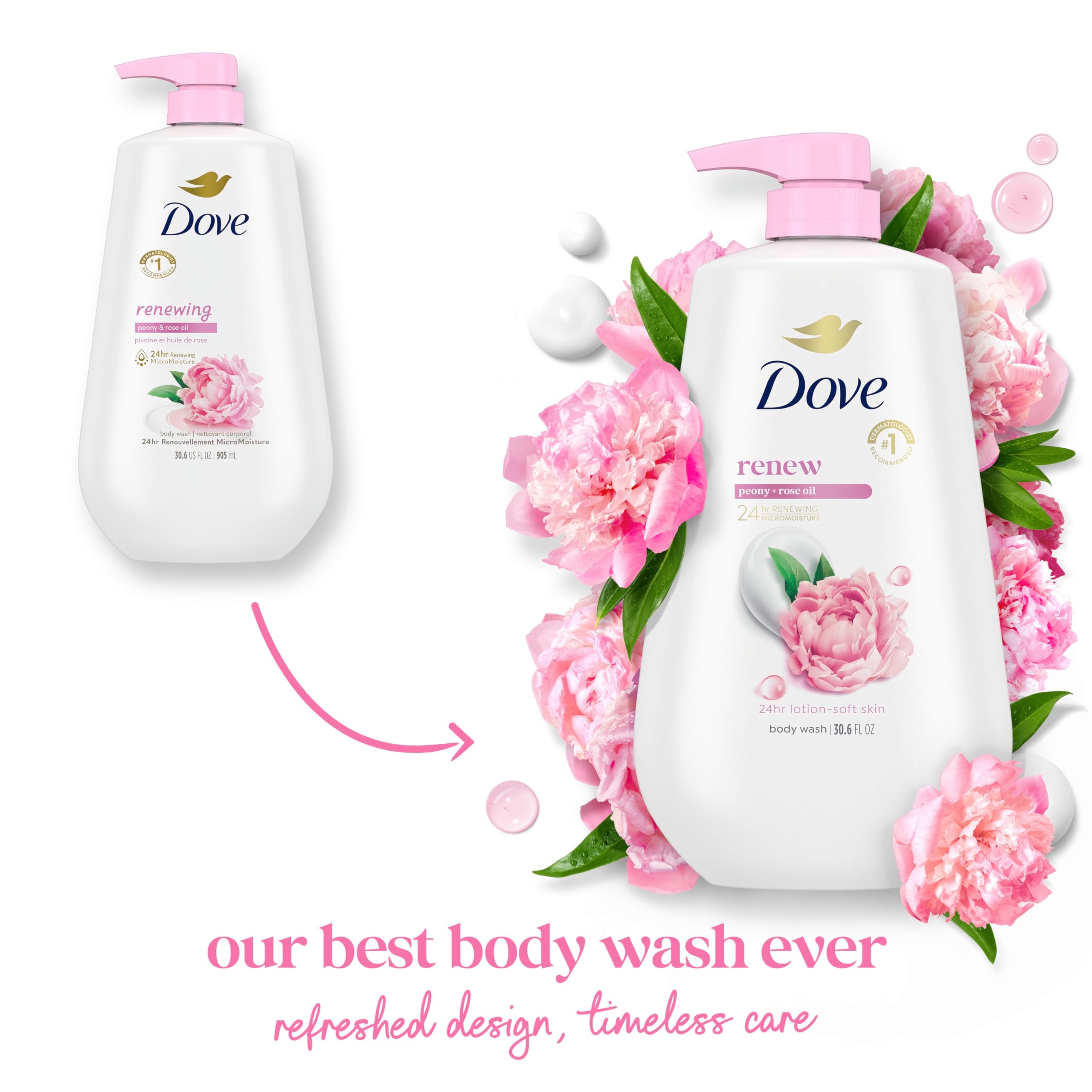 Dove Renew Peony & Rose Oil, gel suave para piel hidratada.