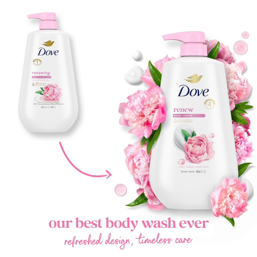 Dove Renew Peony & Rose Oil, gel suave para piel hidratada.