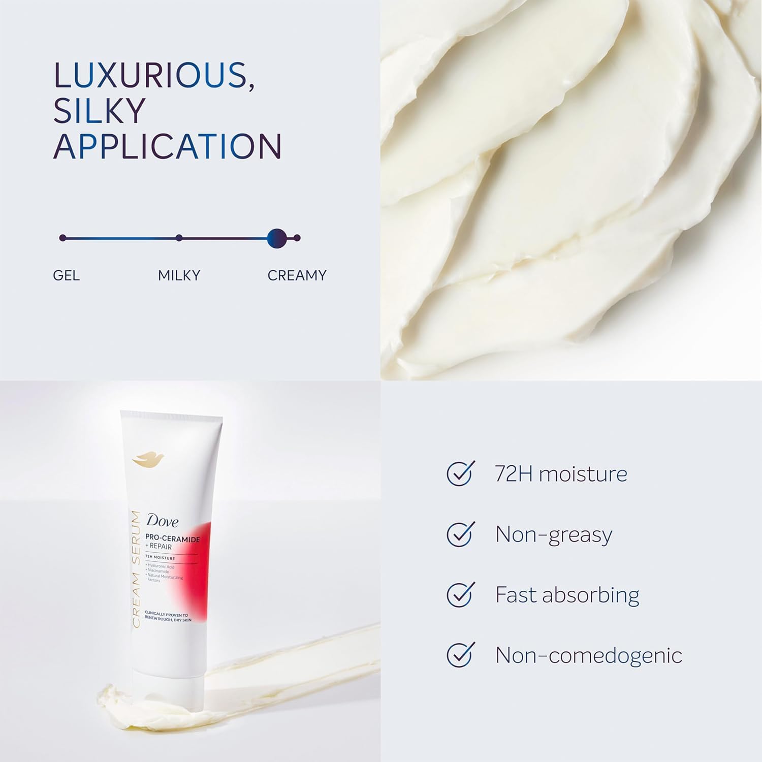 Dove reparador, piel seca extrema mejorando textura.
