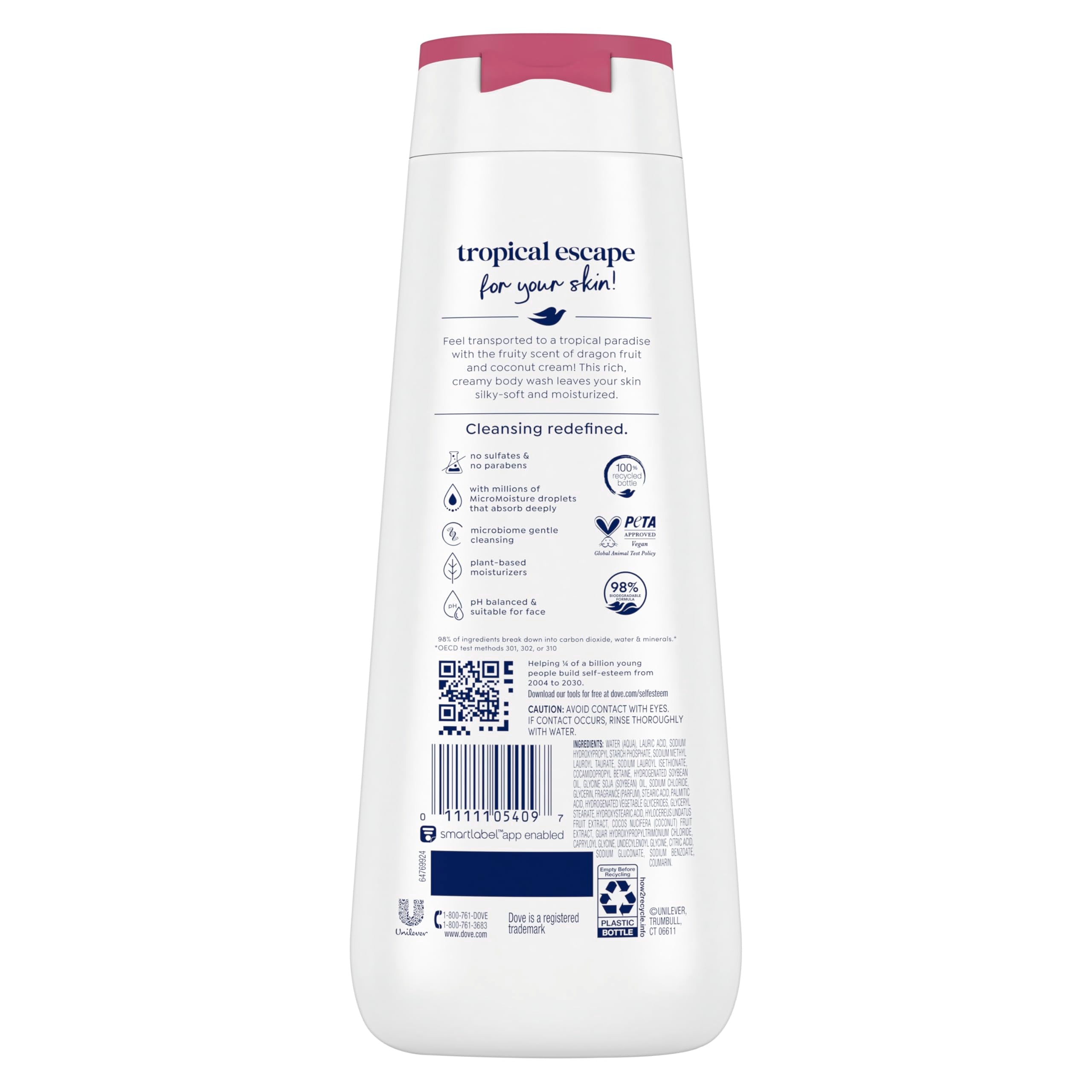 Luxurious creamy lather of Dove body wash on skin for a tropical escape.