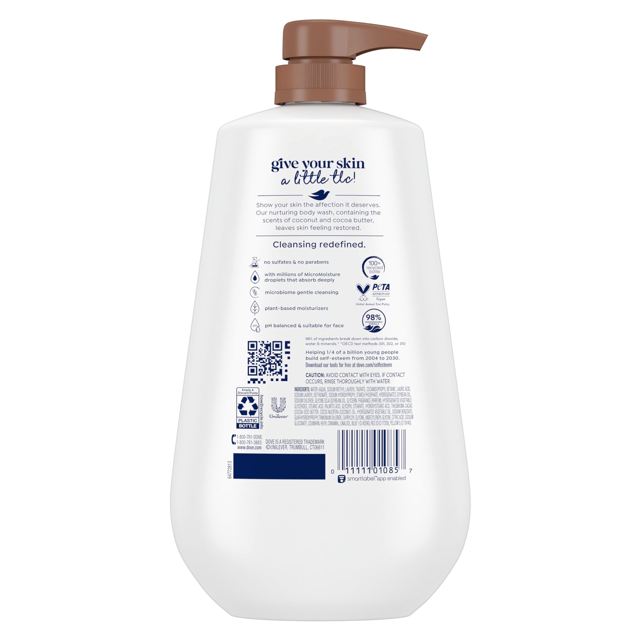 Dove gel de baño restaurador, botella-vertido, aroma coco cacao para una ducha relajante.