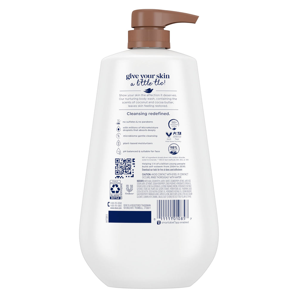 Dove gel de baño restaurador, botella-vertido, aroma coco cacao para una ducha relajante.