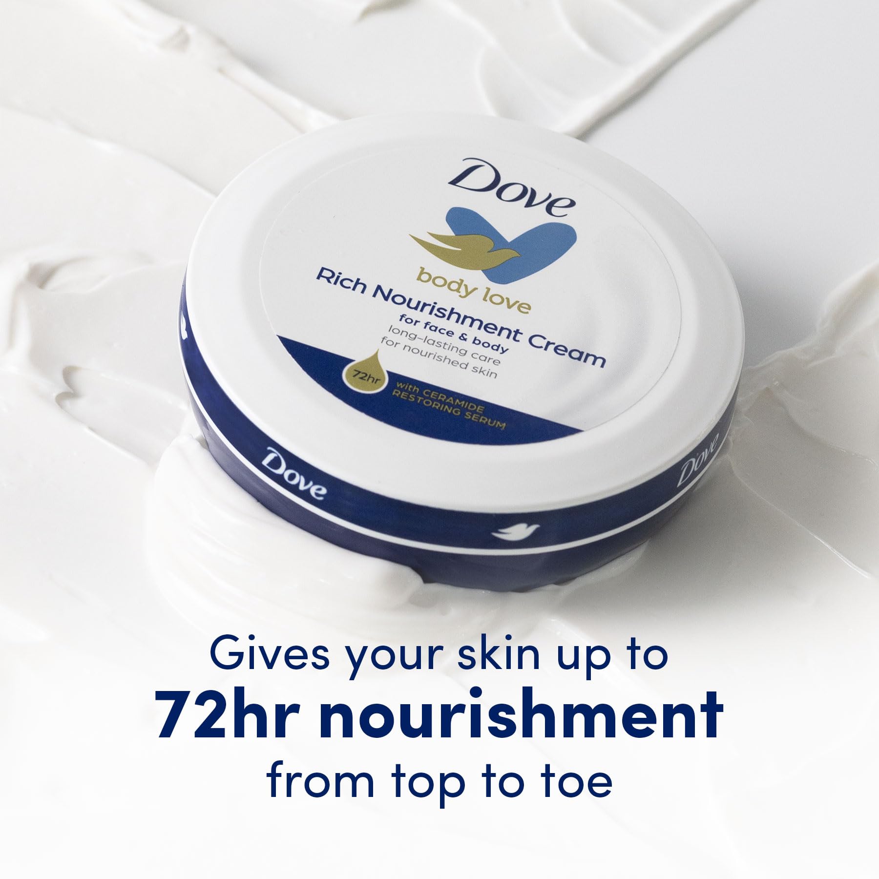 Dove Rich Nourishing Cream fast-absorbing texture shown on hands.