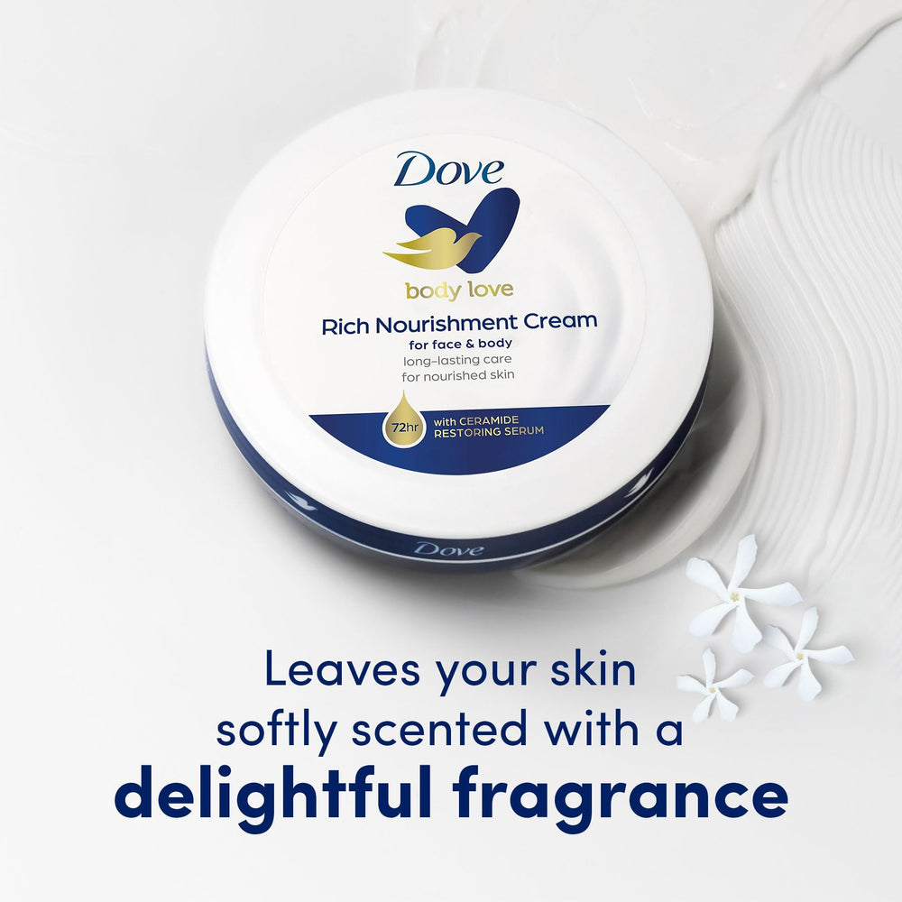 Dove Rich Nourishing Cream applied to both face and body.