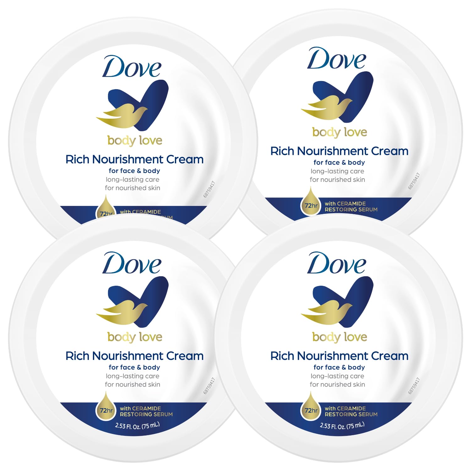Dove Rich Nourishing Cream jar close-up for deep hydration.