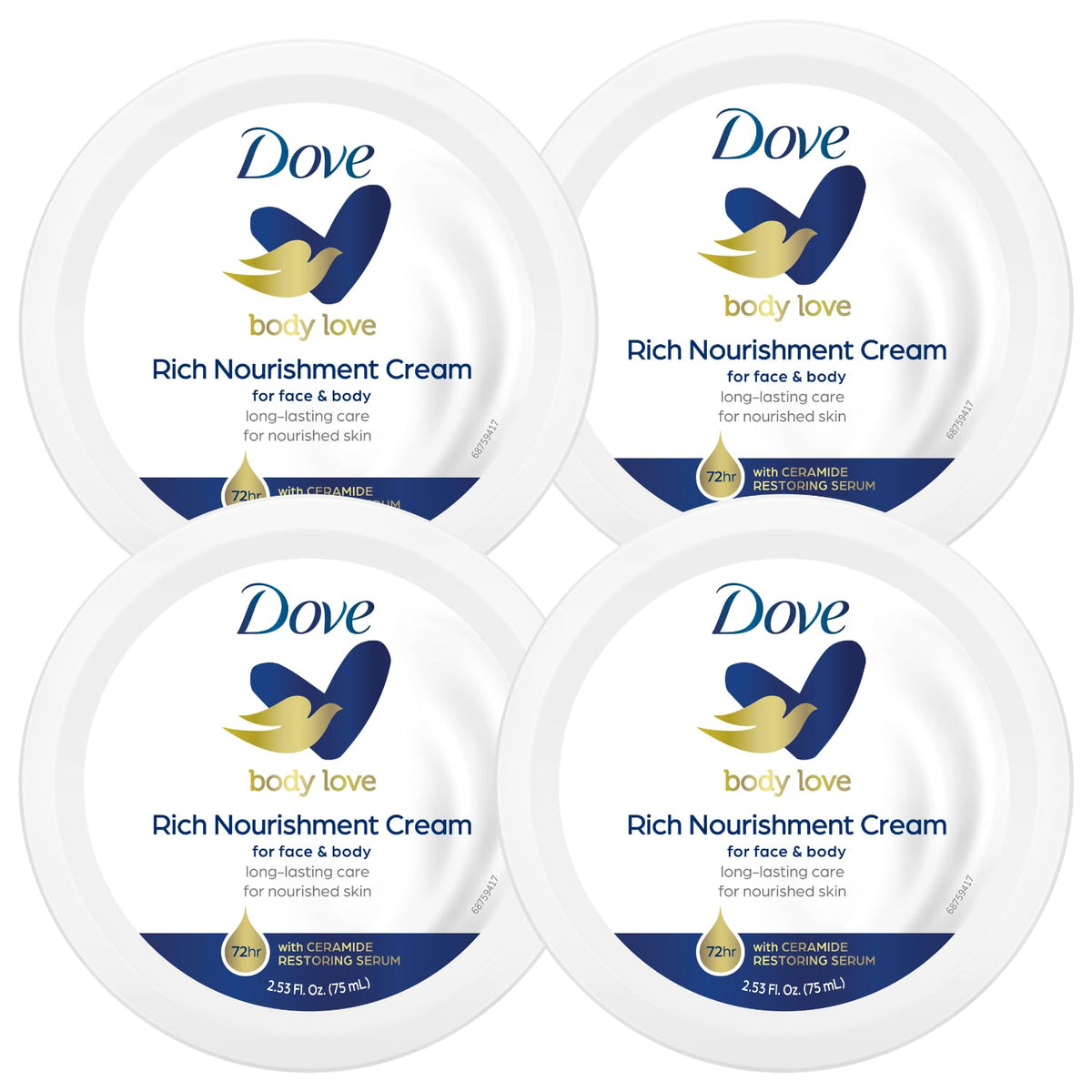 Dove Rich Nourishing Cream jar close-up for deep hydration.