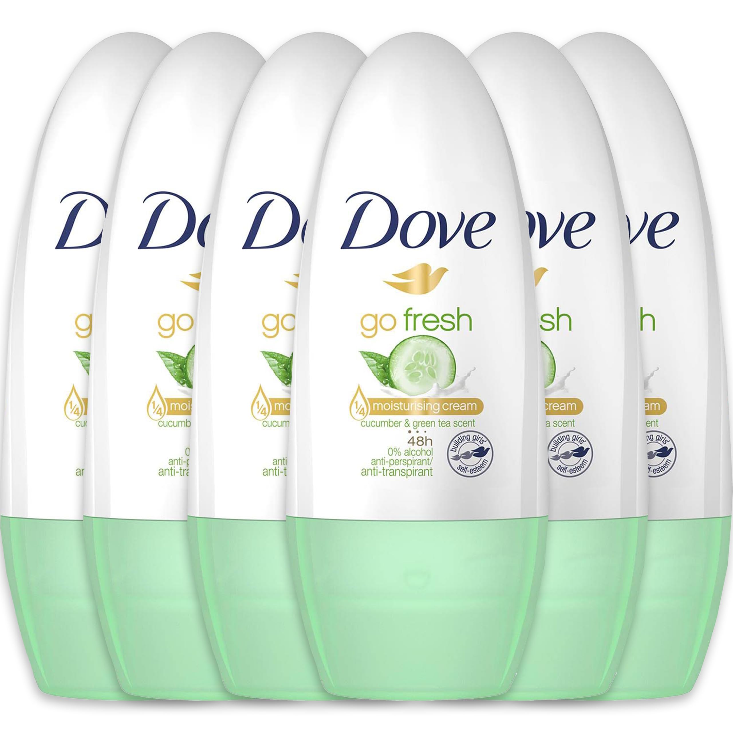 Dove Roll-On Frescura Pepino y Té Verde en botella, protección suave para la axila.