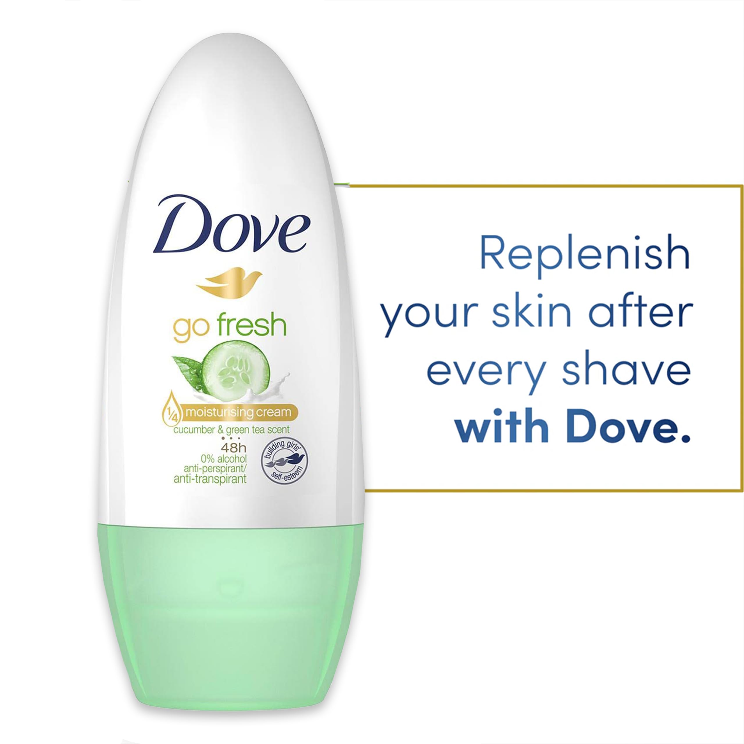 Aplicación suave y secado rápido del Dove Roll-On, uso diario cómodo.