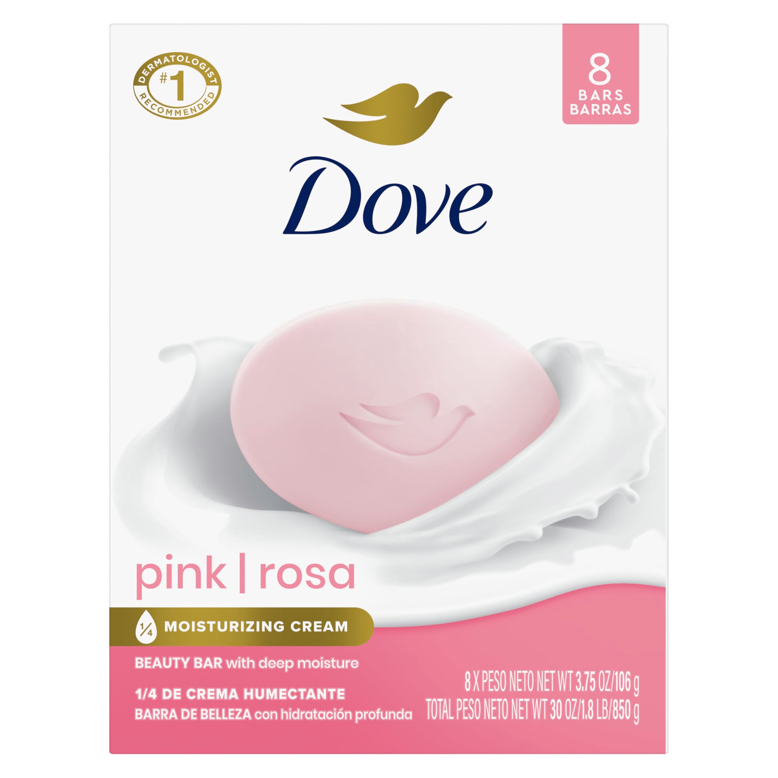 Dove Rosa Beauty Bar con ocho barras, ideal para cuidado suave diario de la piel.