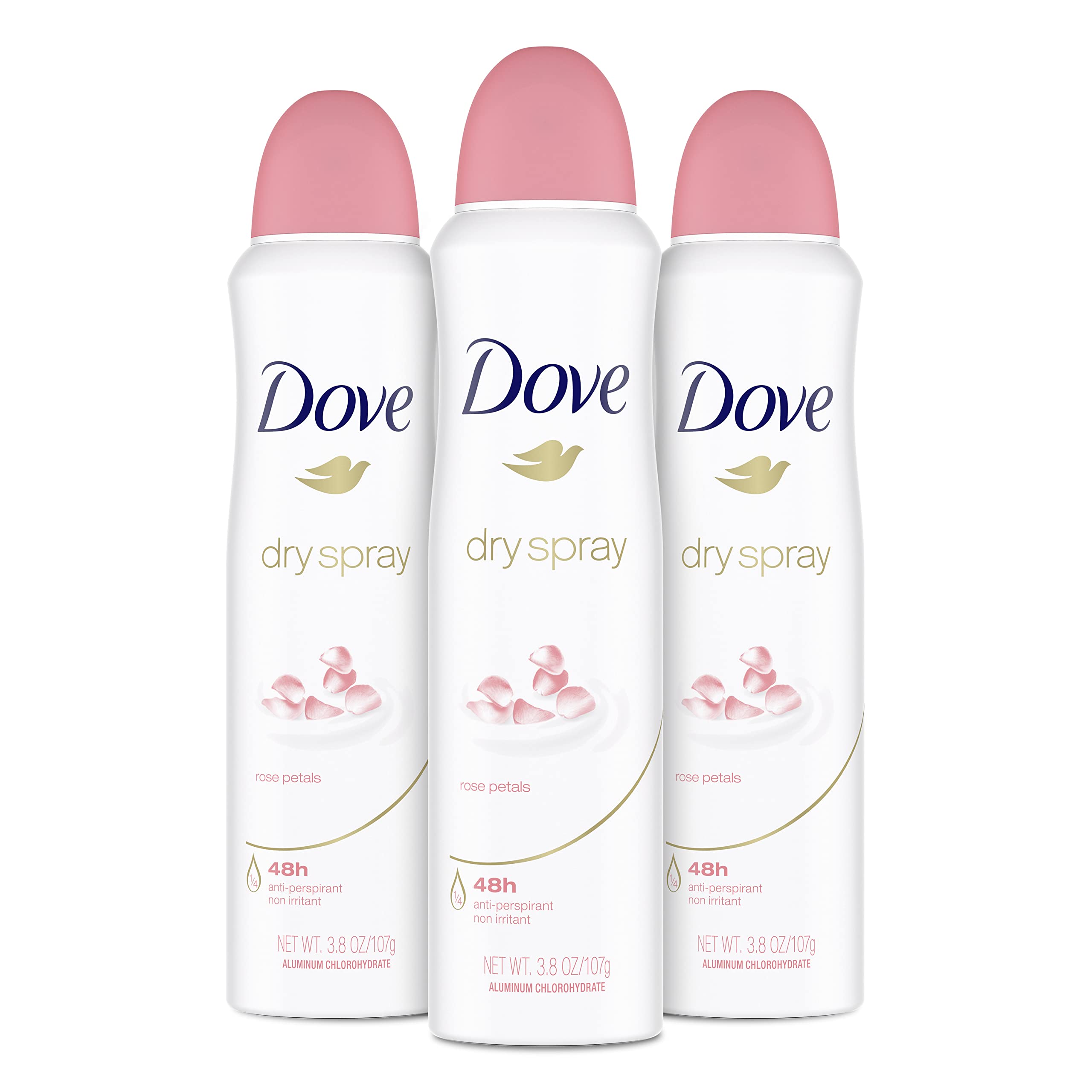 Dove Rose Petals Dry Spray bottle showing 48 hour protection and soft underarms