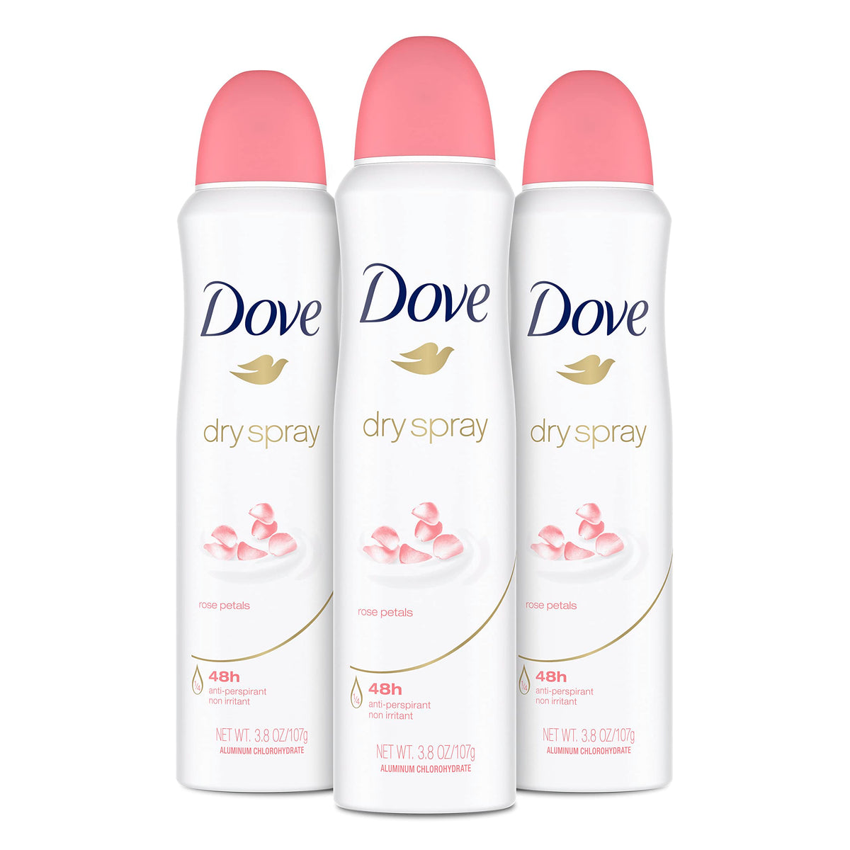 Dove Rose Petals Dry Spray bottle showing 48 hour protection and soft underarms