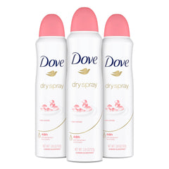 Dove Rose Petals Dry Spray bottle showing 48 hour protection and soft underarms