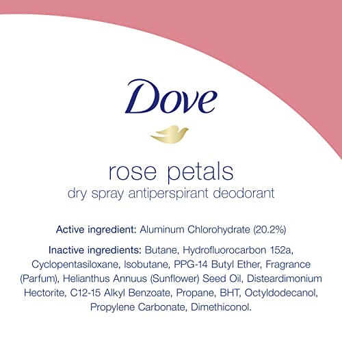 Product shot of Dove Rose Petals dry spray with moisturizers and alcohol-free formula