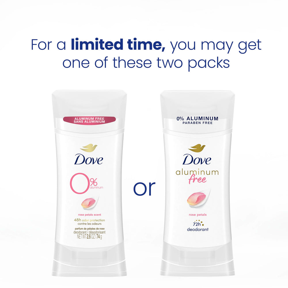 Dove Rose Petals deodorant shows 48-hour odor protection and fresh scent.