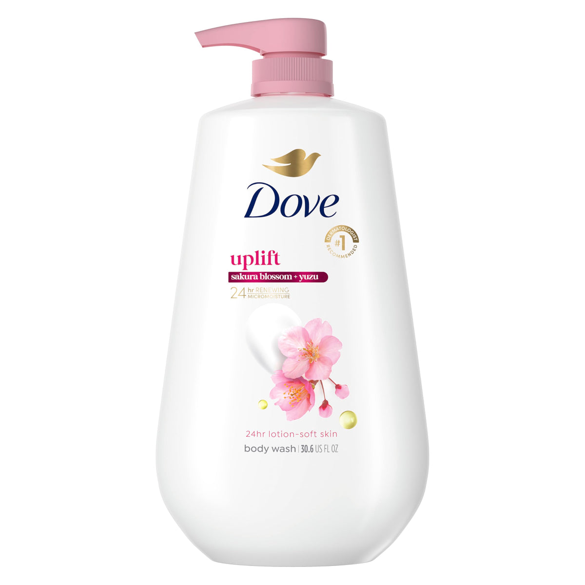 Dove Sakura Blossom & Yuzu, botella vertido, aroma floral cítrico y hidratación durante la ducha.