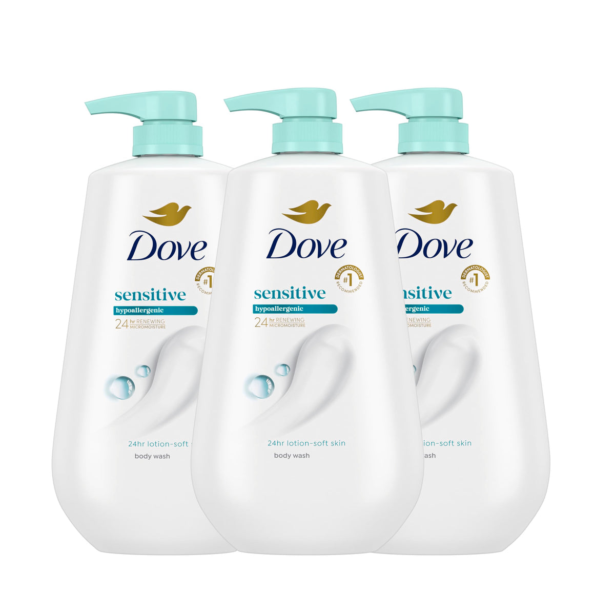 Dove Sensitive Skin Body Wash bottle highlighting gentle cleansing for sensitive skin.
