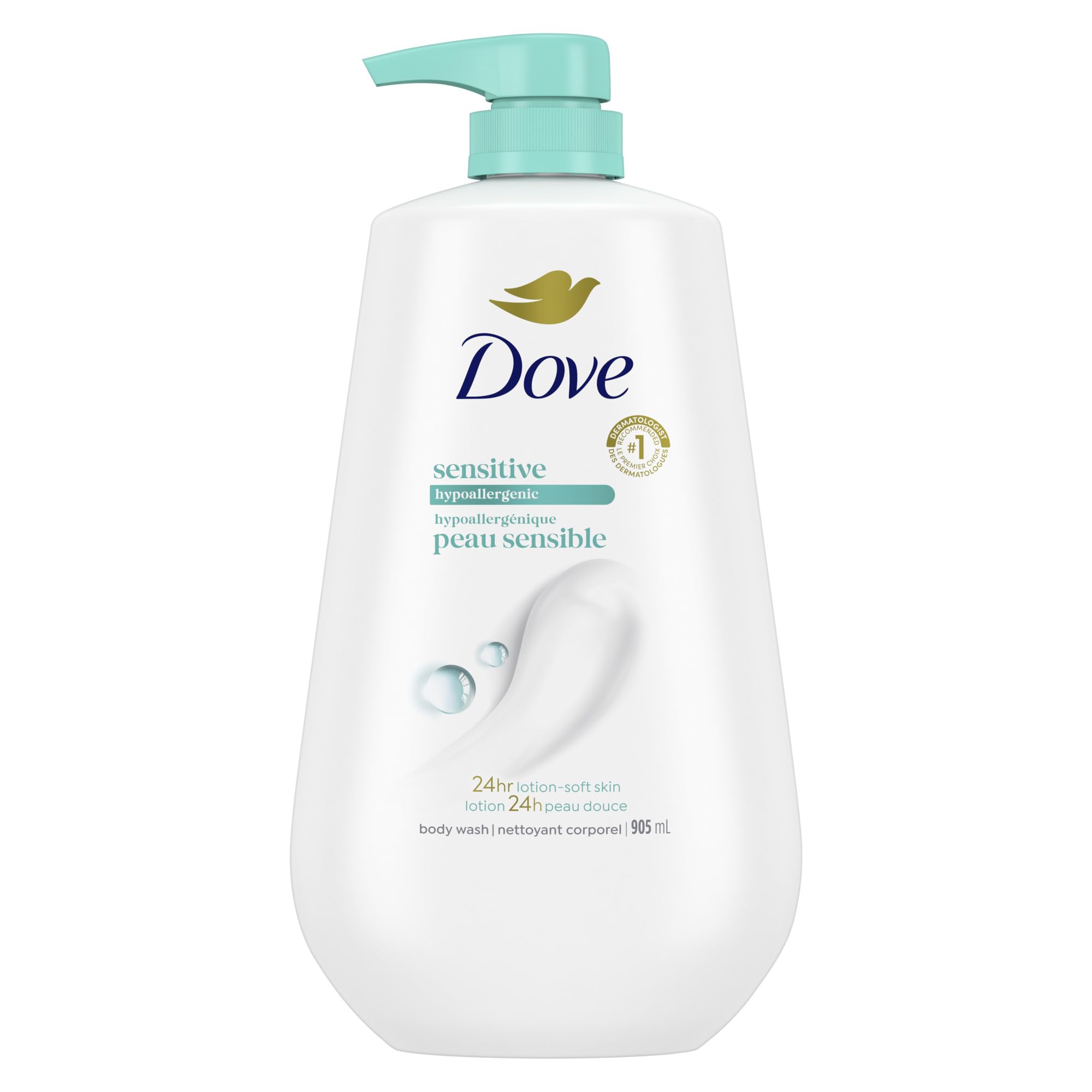 Dove Sensitive Skin bottle pour for gentle cleansing on delicate skin.