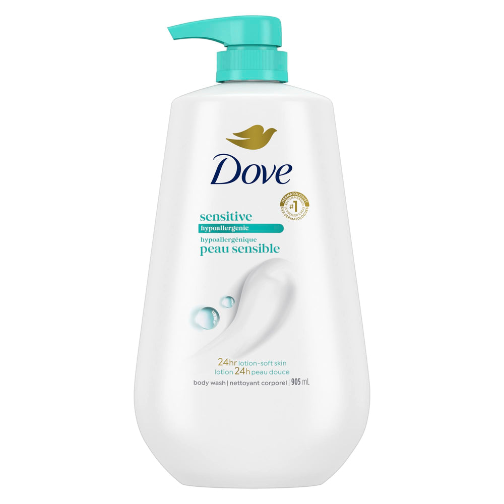 Dove Sensitive Skin bottle pour for gentle cleansing on delicate skin.