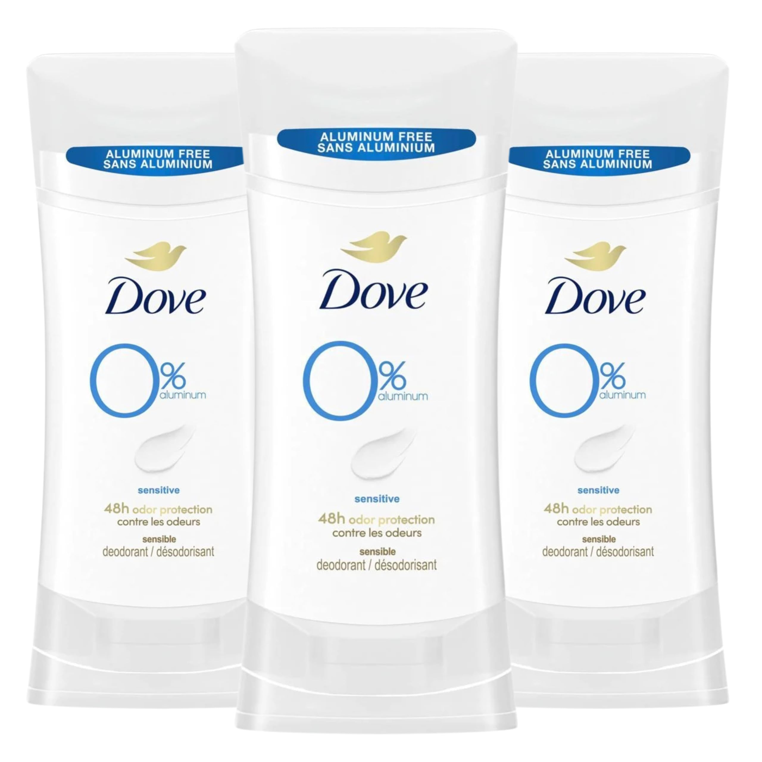 Dove Sensitive 0% Aluminum Deodorant Packaging highlights gentle care and protection.