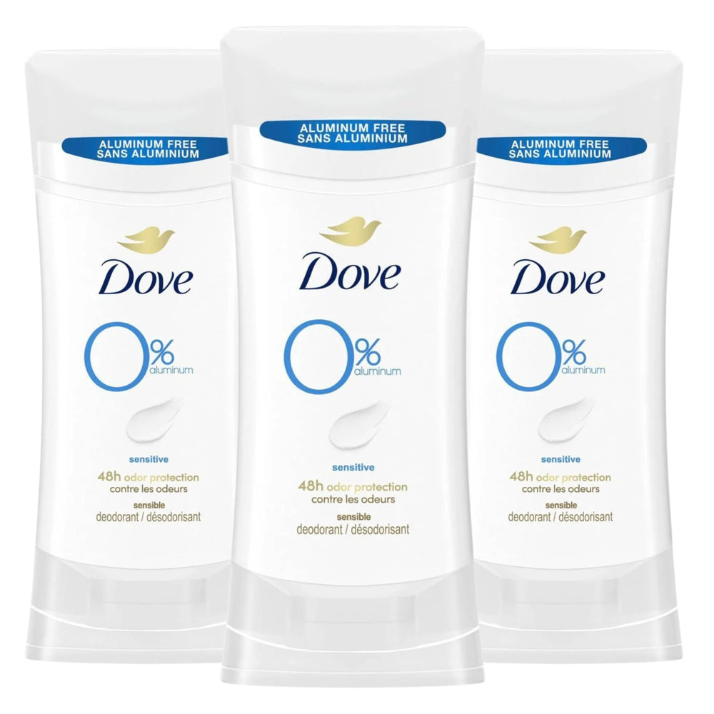 Dove Sensitive 0% Aluminum Deodorant Packaging highlights gentle care and protection.