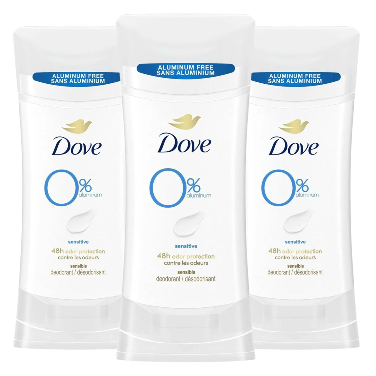 Dove Sensitive 0% Aluminum Deodorant Packaging highlights gentle care and protection.